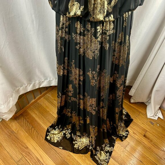 MSK Pleated Gold Print Maxi Dress Women 16 Black Metallic Floral Event Wedding - Picture 7 of 15